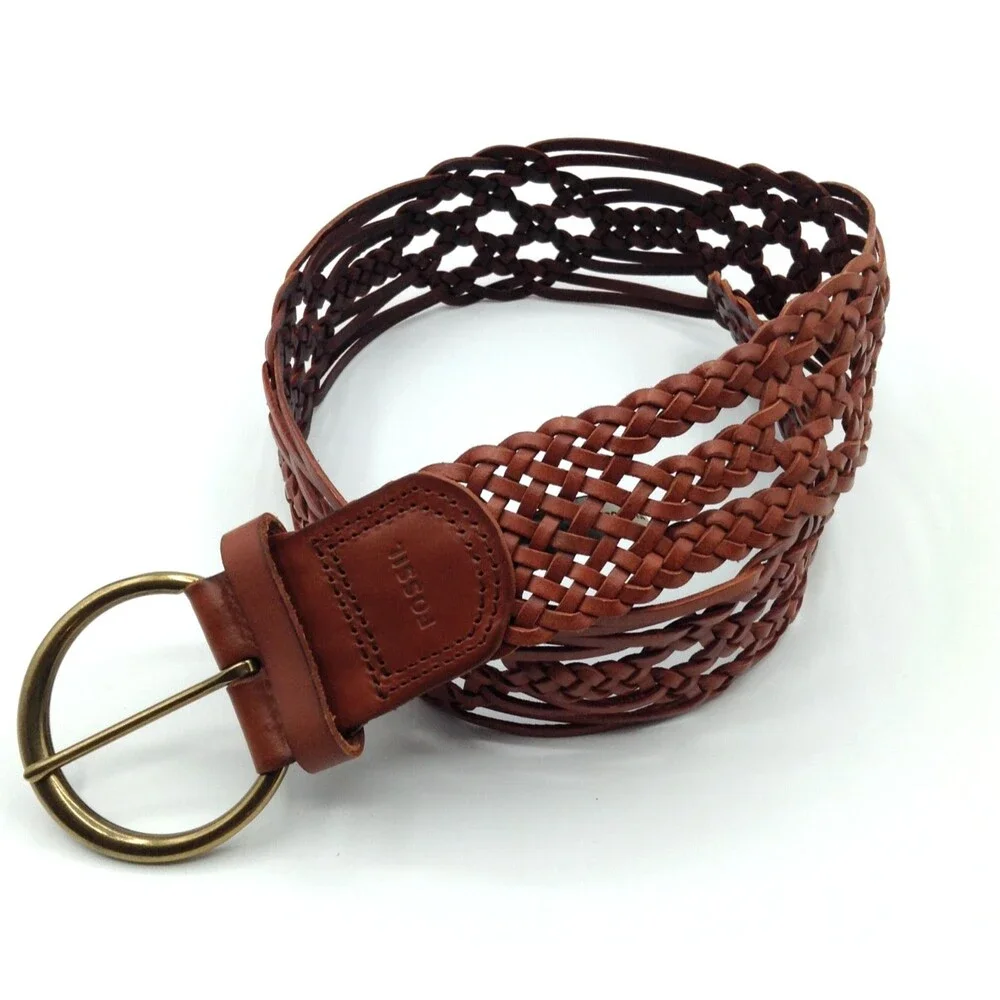Fossil Belt Wn S Brown Leather Braided Woven Brass Buckle Boho Hippie Western